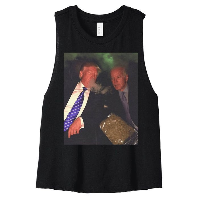 Trump And Biden Smoking Weed  Funny Politics Women's Racerback Cropped Tank