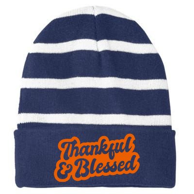 Thankful And Blessed Thanksgiving Holiday Striped Beanie with Solid Band