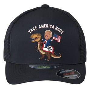 Take America Back Donald Trump 4th Of July Dinosaur Usa Flag Gift Flexfit Unipanel Trucker Cap