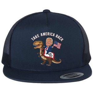 Take America Back Donald Trump 4th Of July Dinosaur Usa Flag Gift Flat Bill Trucker Hat