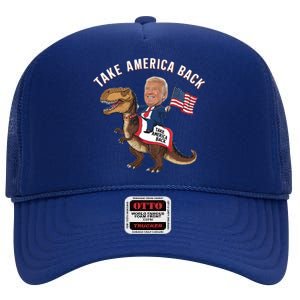 Take America Back Donald Trump 4th Of July Dinosaur Usa Flag Gift High Crown Mesh Back Trucker Hat