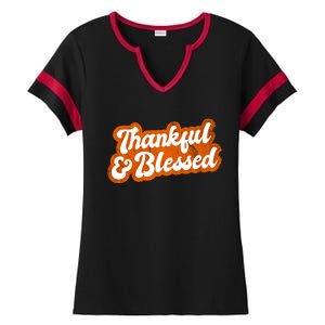 Thankful And Blessed Retro Distressed Logo Ladies Halftime Notch Neck Tee