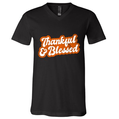 Thankful And Blessed Retro Distressed Logo V-Neck T-Shirt