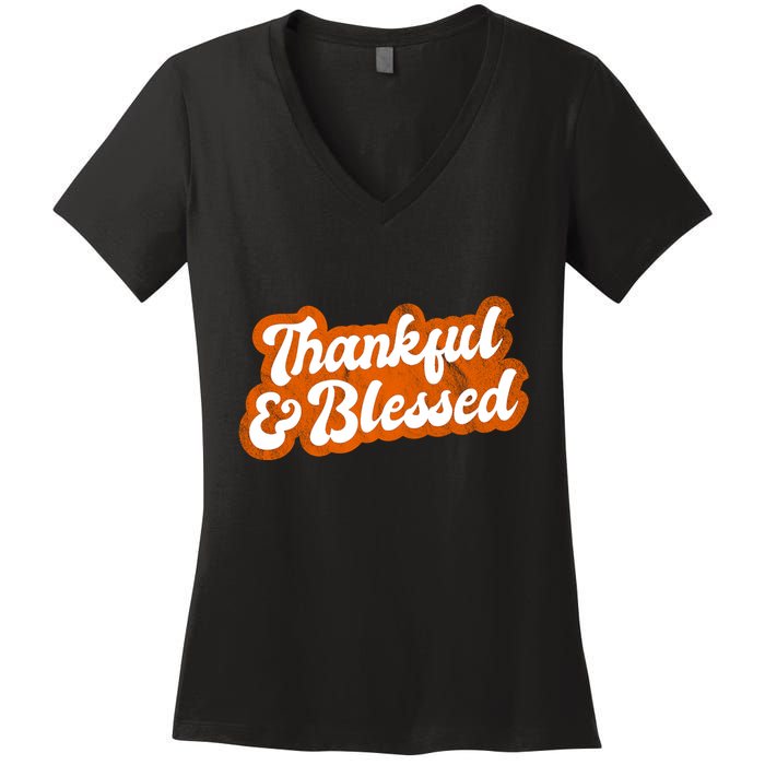 Thankful And Blessed Retro Distressed Logo Women's V-Neck T-Shirt
