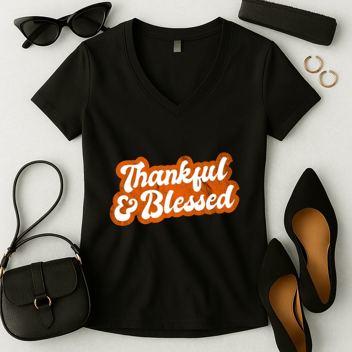 Thankful And Blessed Retro Distressed Logo Women's V-Neck T-Shirt