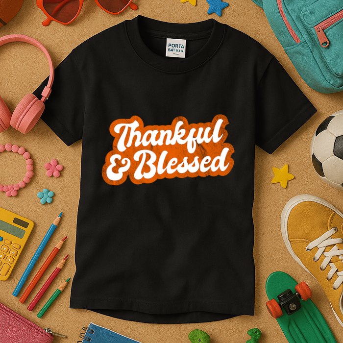 Thankful And Blessed Retro Distressed Logo Kids T-Shirt