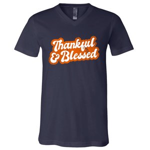 Thankful And Blessed Retro Distressed Logo V-Neck T-Shirt