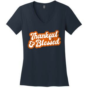 Thankful And Blessed Retro Distressed Logo Women's V-Neck T-Shirt