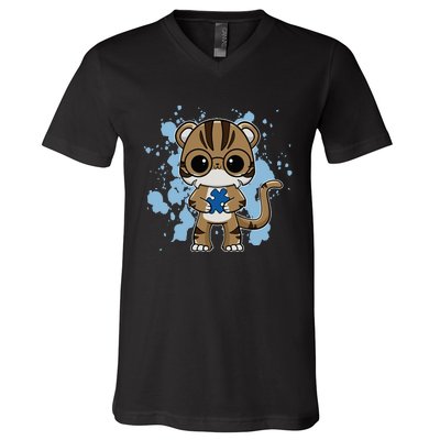 Tiger Anime Cat Autism Awareness V-Neck T-Shirt