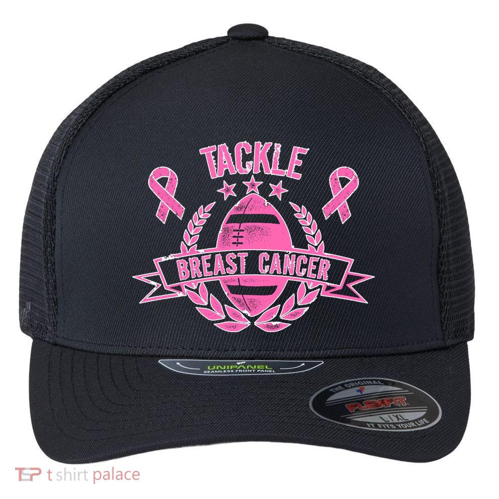 Tackle Breast Cancer Football Pink Ribbon Flexfit Unipanel Trucker Cap