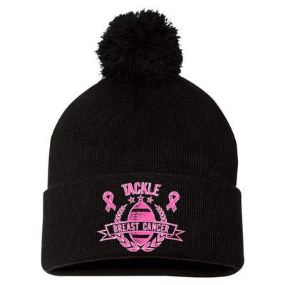 Tackle Breast Cancer Football Pink Ribbon Pom Pom 12in Knit Beanie