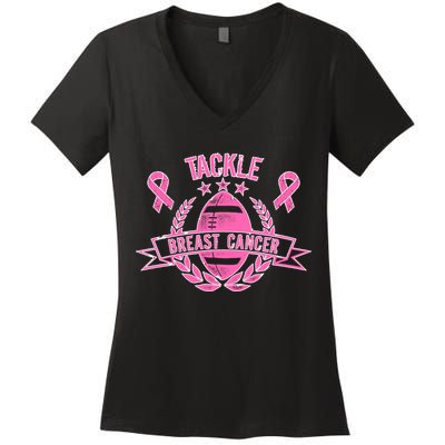 Tackle Breast Cancer Football Pink Ribbon Women's V-Neck T-Shirt