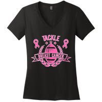 Tackle Breast Cancer Football Pink Ribbon Women's V-Neck T-Shirt
