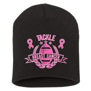 Tackle Breast Cancer Football Pink Ribbon Short Acrylic Beanie