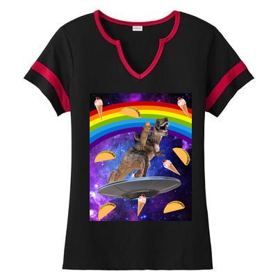 Taco Kitty Riding T-Rex Rainbow Space Cat Ladies Halftime Notch Neck Tee