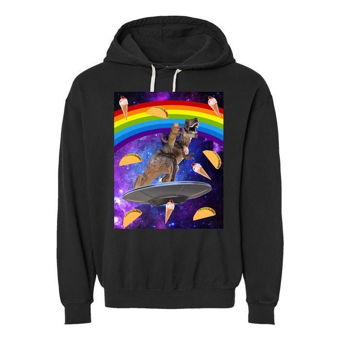 Taco Kitty Riding T-Rex Rainbow Space Cat Garment-Dyed Fleece Hoodie
