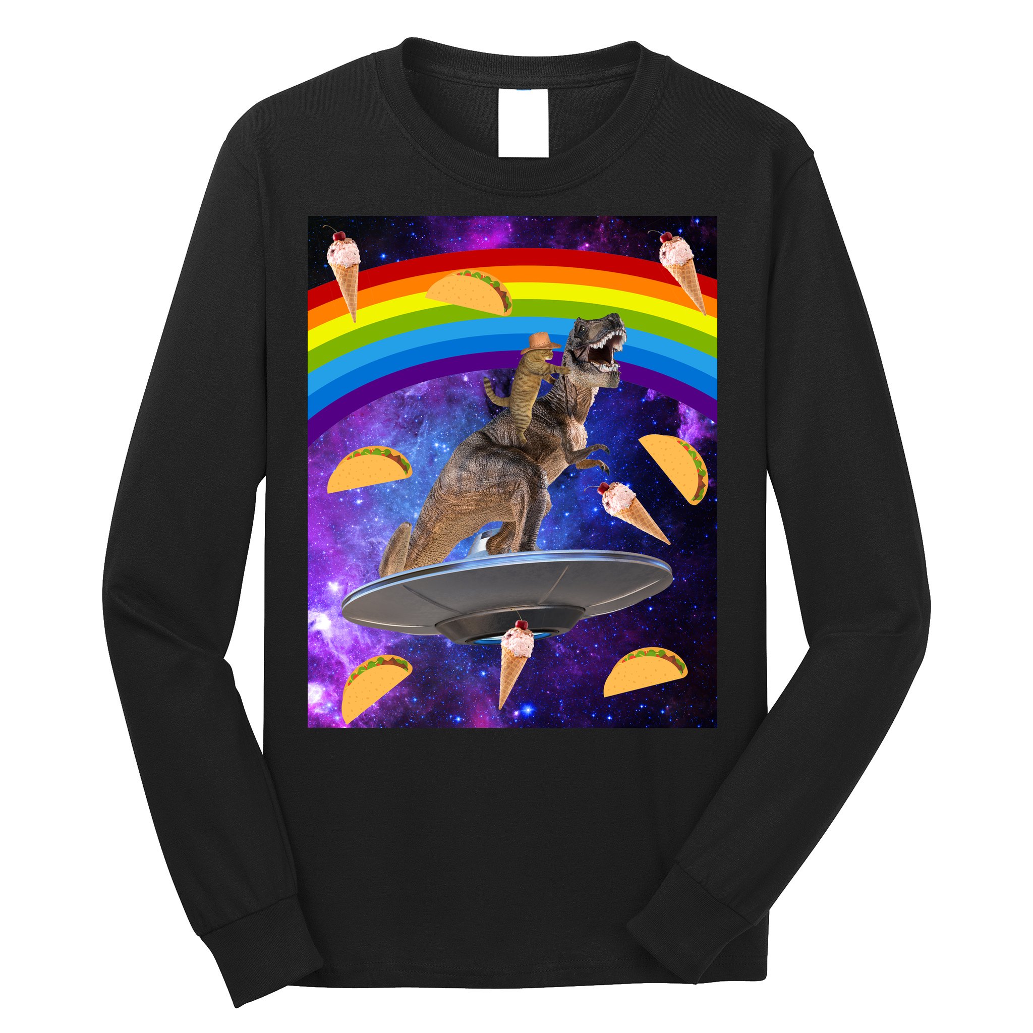 Taco Kitty Riding T-Rex Rainbow Space Cat Long Sleeve Shirt