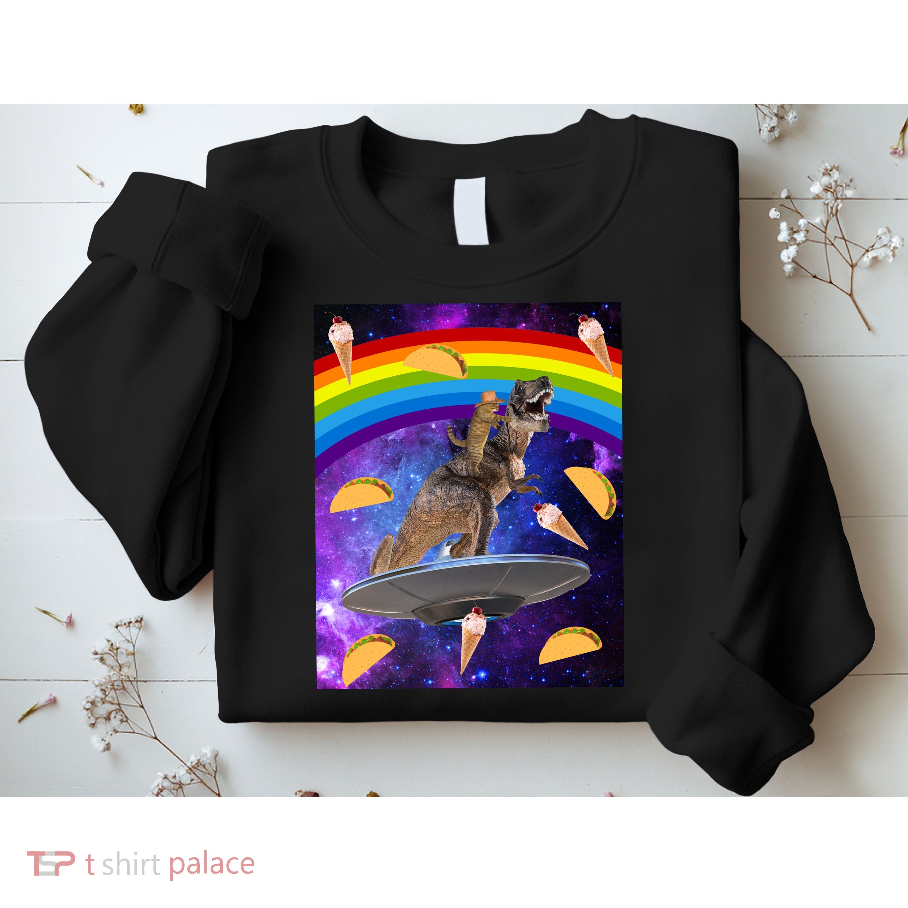 Taco Kitty Riding T-Rex Rainbow Space Cat Sweatshirt