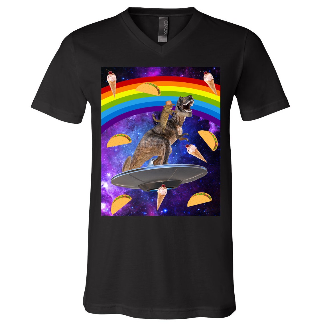 Taco Kitty Riding T-Rex Rainbow Space Cat V-Neck T-Shirt