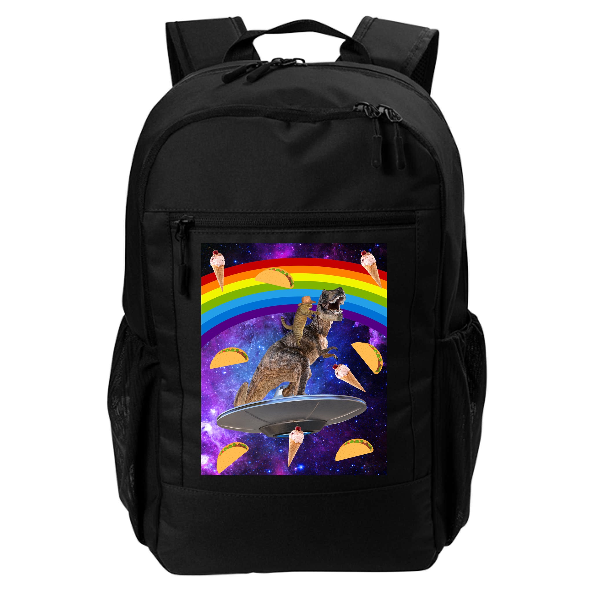 Taco Kitty Riding T-Rex Rainbow Space Cat Backpack