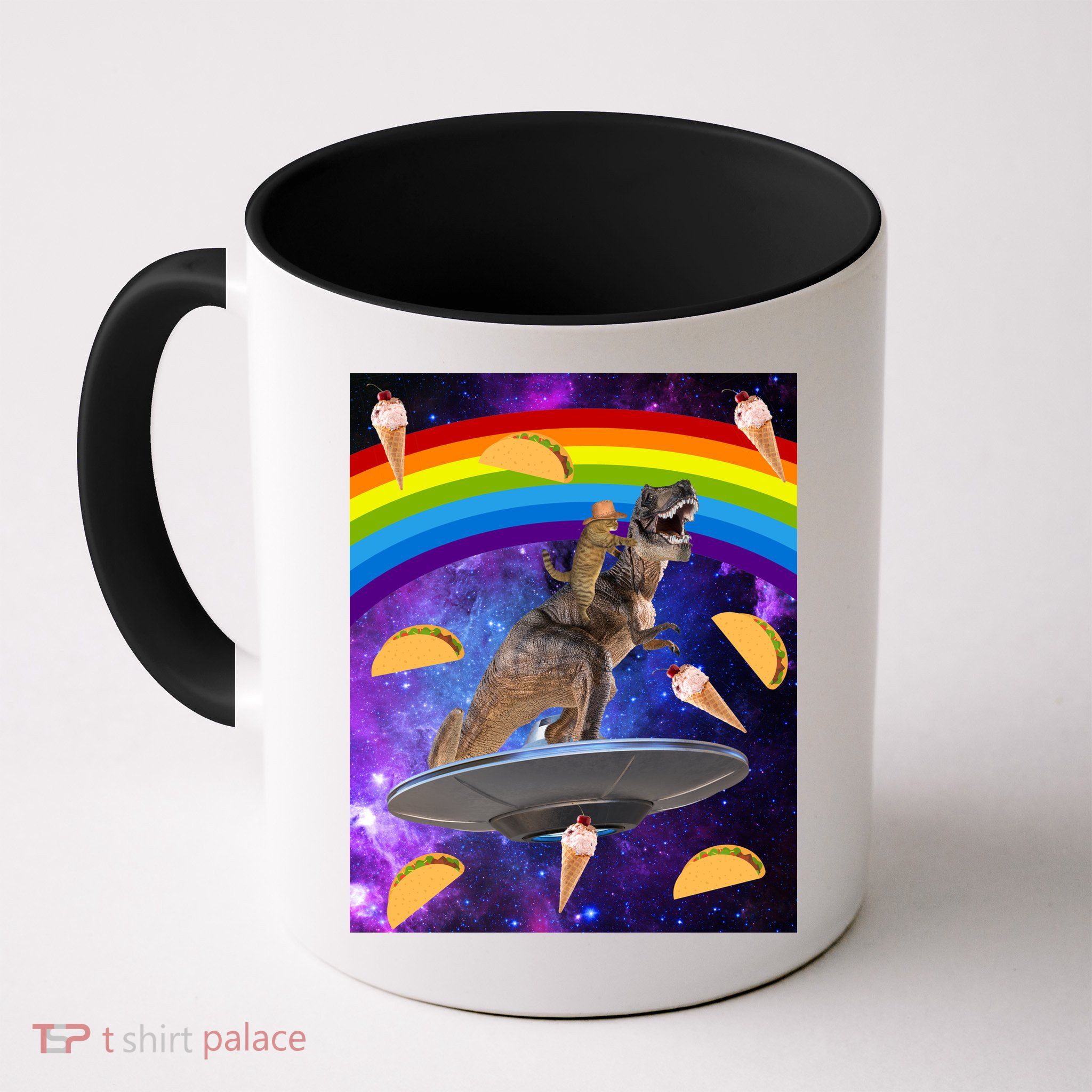 Taco Kitty Riding T-Rex Rainbow Space Cat Mug