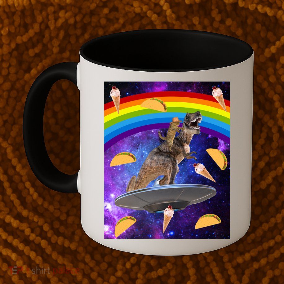 Taco Kitty Riding T-Rex Rainbow Space Cat Mug