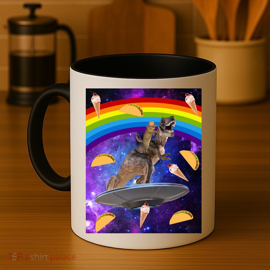 Taco Kitty Riding T-Rex Rainbow Space Cat Mug