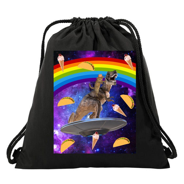 Taco Kitty Riding T-Rex Rainbow Space Cat Drawstring Bag