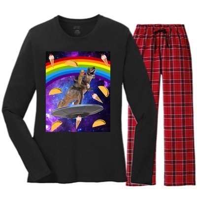 Taco Kitty Riding T-Rex Rainbow Space Cat Women's Long Sleeve Flannel Pajama Set 