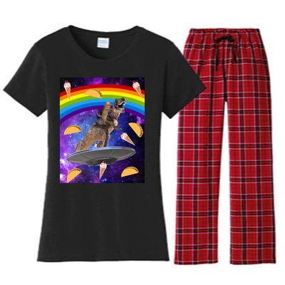 Taco Kitty Riding T-Rex Rainbow Space Cat Women's Flannel Pajama Set