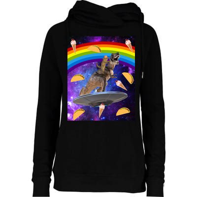 Taco Kitty Riding T-Rex Rainbow Space Cat Womens Funnel Neck Pullover Hood