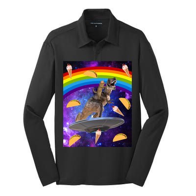 Taco Kitty Riding T-Rex Rainbow Space Cat Silk Touch Performance Long Sleeve Polo