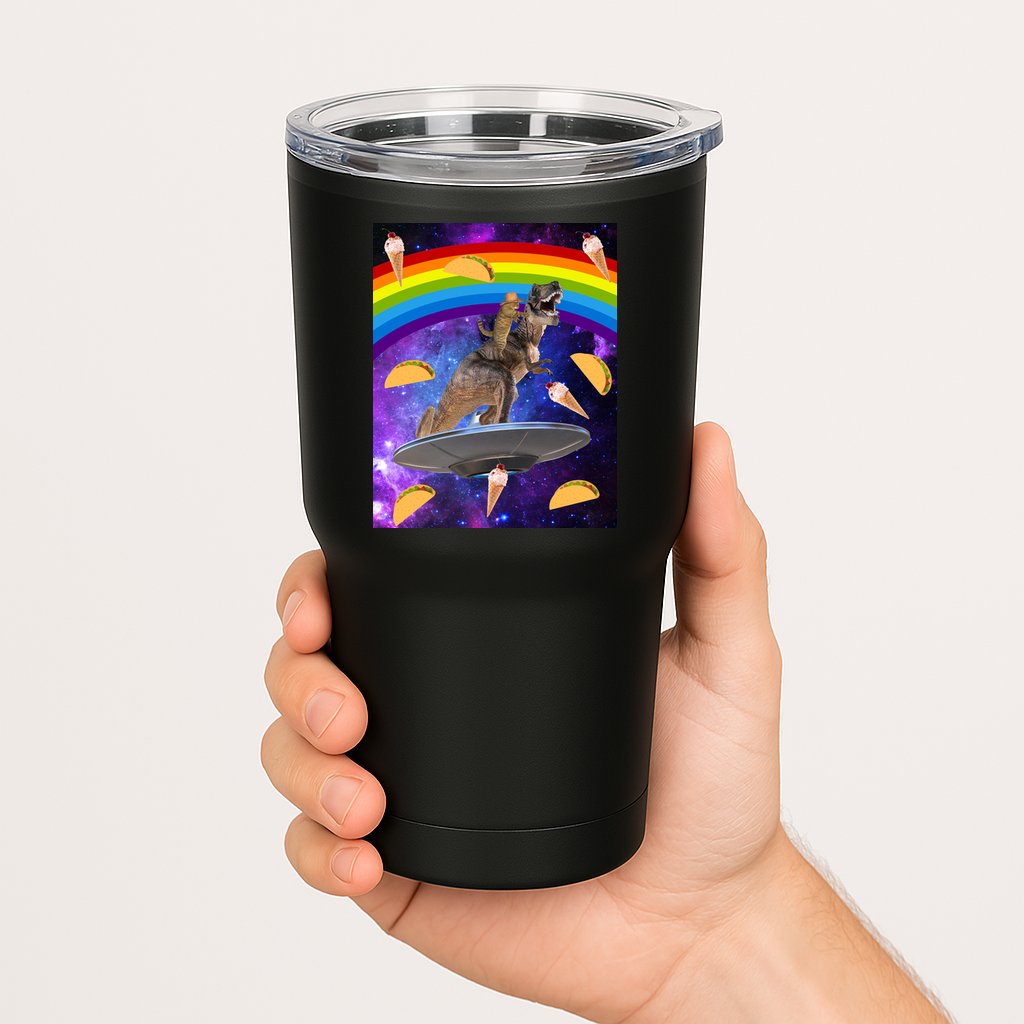 Taco Kitty Riding T-Rex Rainbow Space Cat Tumbler