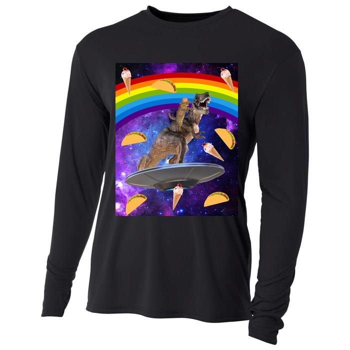 Taco Kitty Riding T-Rex Rainbow Space Cat Cooling Performance Long Sleeve Crew