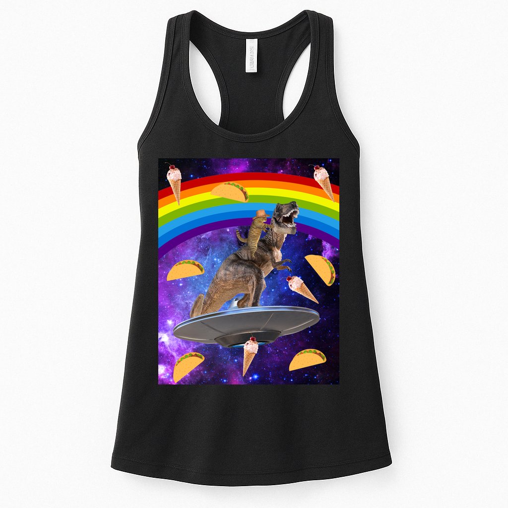 Taco Kitty Riding T-Rex Rainbow Space Cat Womens Tank Top