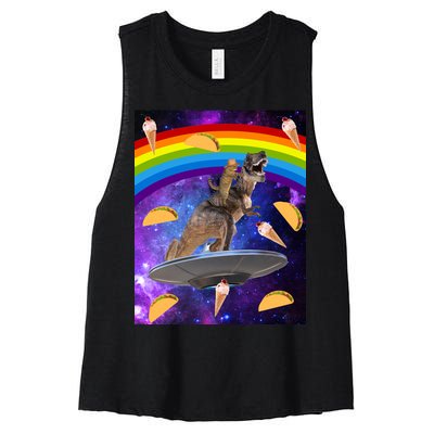 Taco Kitty Riding T-Rex Rainbow Space Cat Women's Racerback Cropped Tank