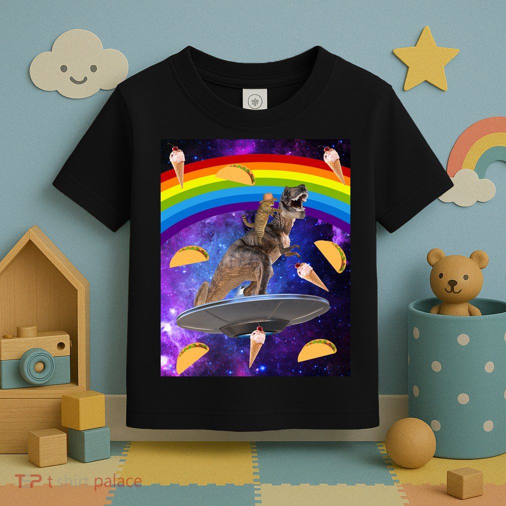 Taco Kitty Riding T-Rex Rainbow Space Cat Toddler T-Shirt