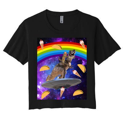 Taco Kitty Riding T-Rex Rainbow Space Cat Women's Crop Top Tee