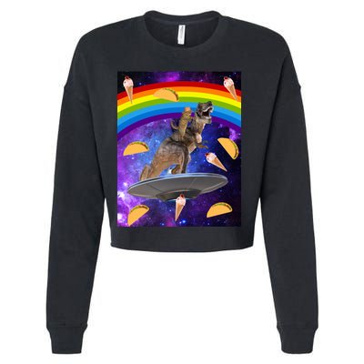 Taco Kitty Riding T-Rex Rainbow Space Cat Cropped Pullover Crew