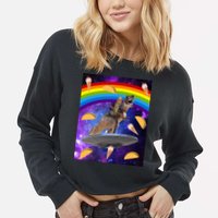 Taco Kitty Riding T-Rex Rainbow Space Cat Cropped Pullover Crew