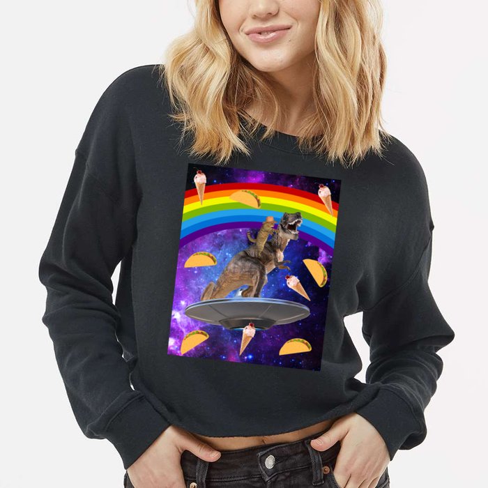 Taco Kitty Riding T-Rex Rainbow Space Cat Cropped Pullover Crew