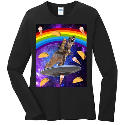 Taco Kitty Riding T-Rex Rainbow Space Cat Ladies Long Sleeve Shirt