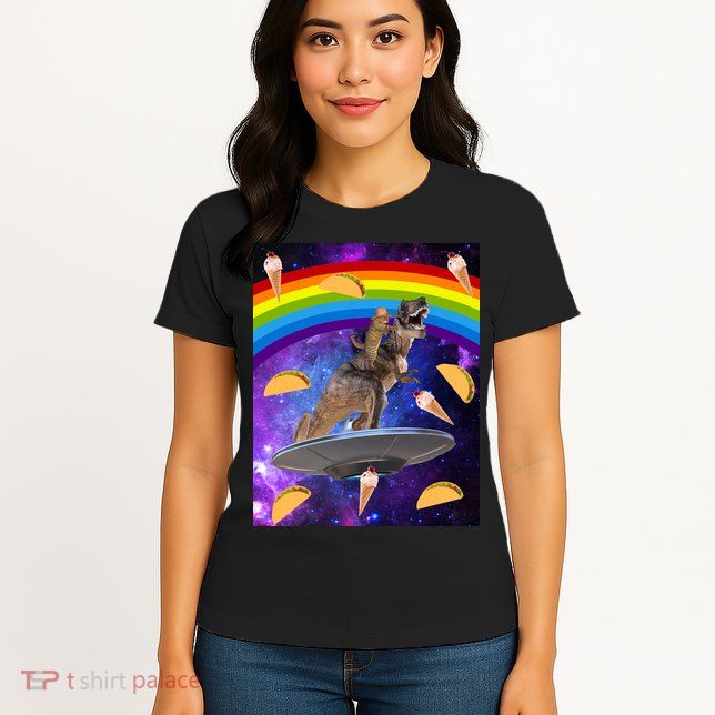 Taco Kitty Riding T-Rex Rainbow Space Cat Womens T-Shirt