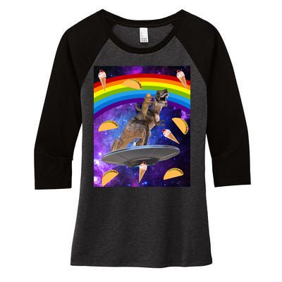 Taco Kitty Riding T-Rex Rainbow Space Cat Women's Tri-Blend 3/4-Sleeve Raglan Shirt