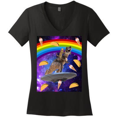 Taco Kitty Riding T-Rex Rainbow Space Cat Women's V-Neck T-Shirt