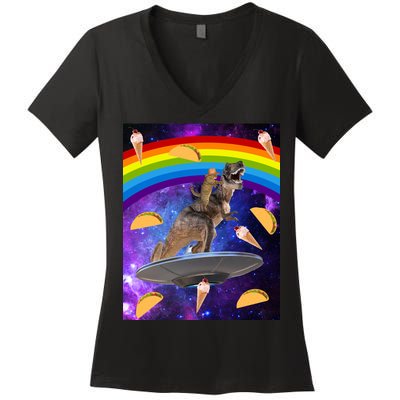 Taco Kitty Riding T-Rex Rainbow Space Cat Women's V-Neck T-Shirt