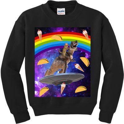 Taco Kitty Riding T-Rex Rainbow Space Cat Kids Sweatshirt