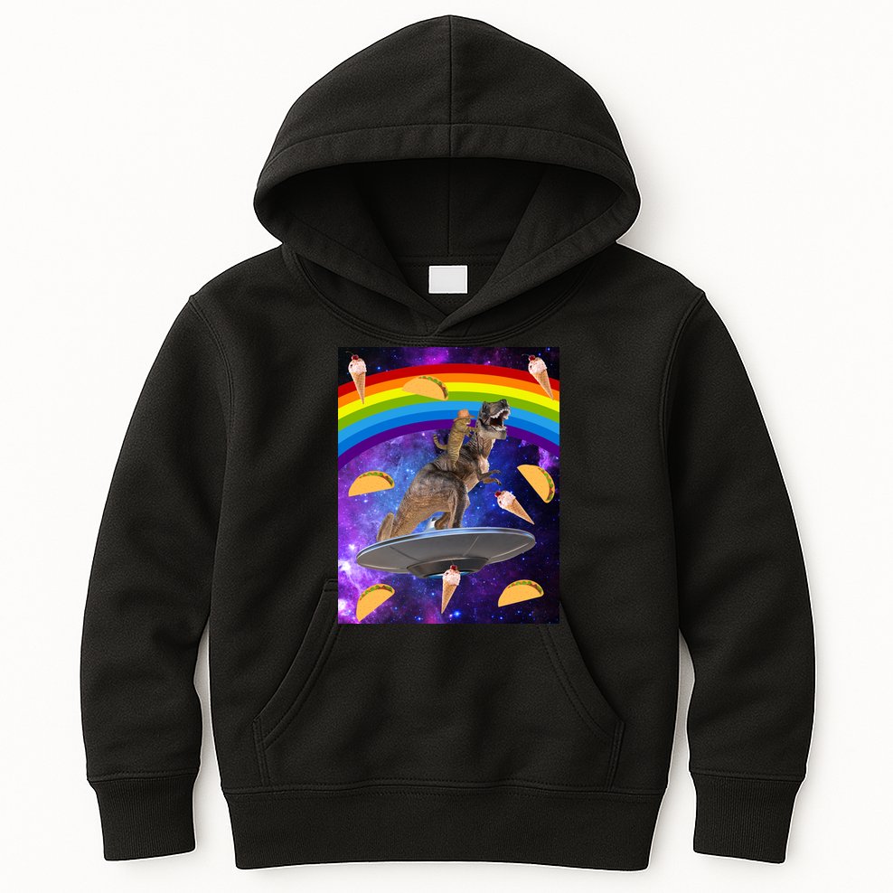 Taco Kitty Riding T-Rex Rainbow Space Cat Kids Hoodie