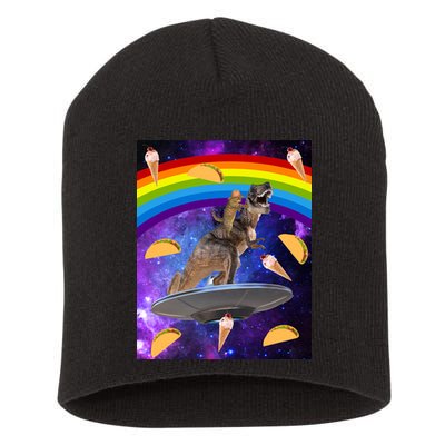 Taco Kitty Riding T-Rex Rainbow Space Cat Short Acrylic Beanie