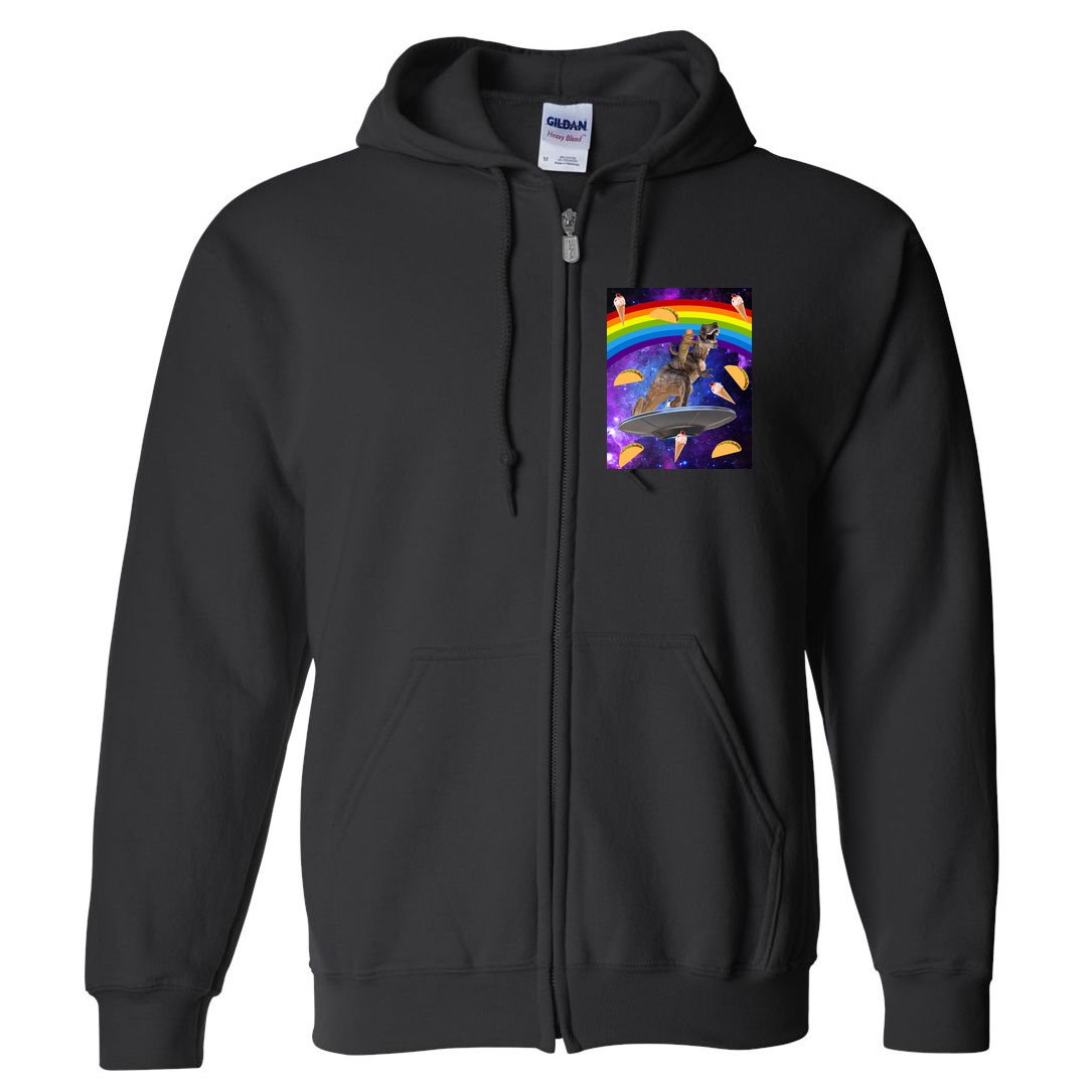 Taco Kitty Riding T-Rex Rainbow Space Cat Full Zip Hoodie